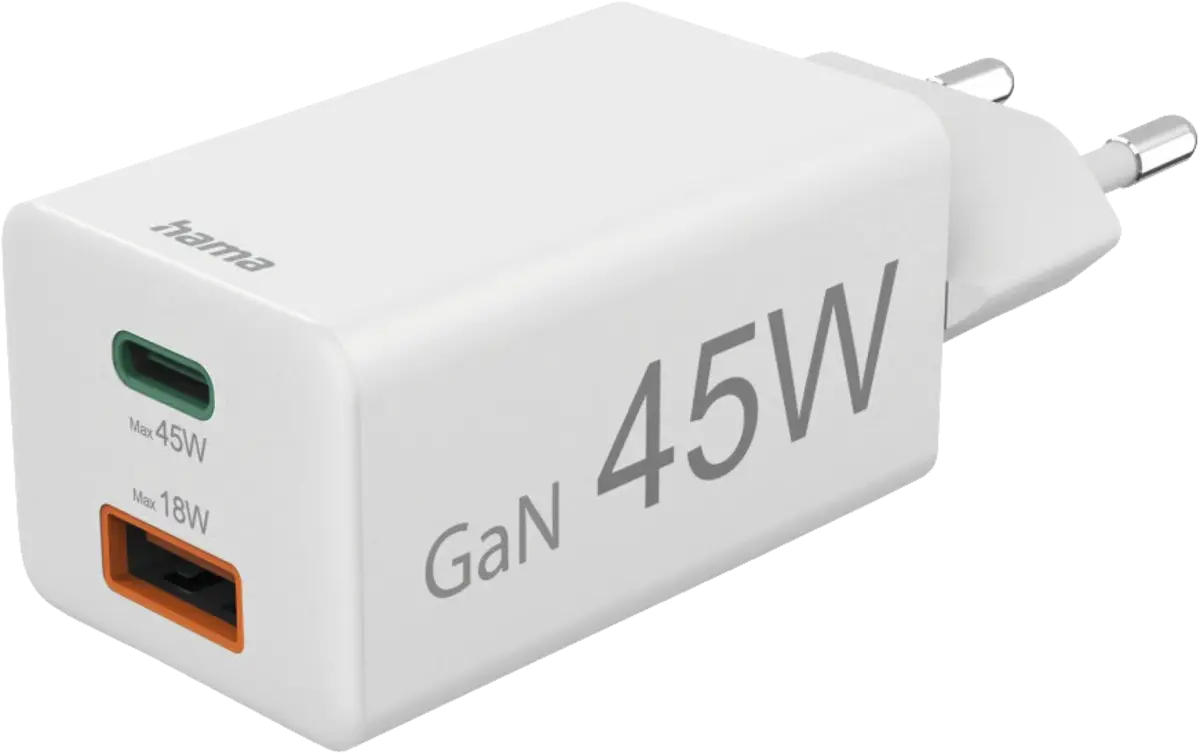 Snellader, 1x USB-C PD, 1x USB-A QC, mini-oplader, 45 W