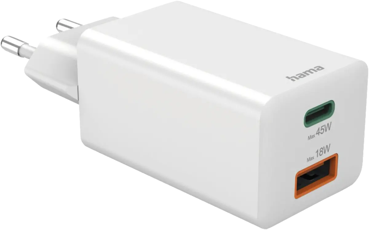 Snellader, 1x USB-C PD, 1x USB-A QC, mini-oplader, 45 W