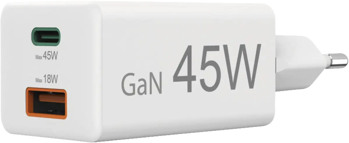 Snellader, 1x USB-C PD, 1x USB-A QC, mini-oplader, 45 W