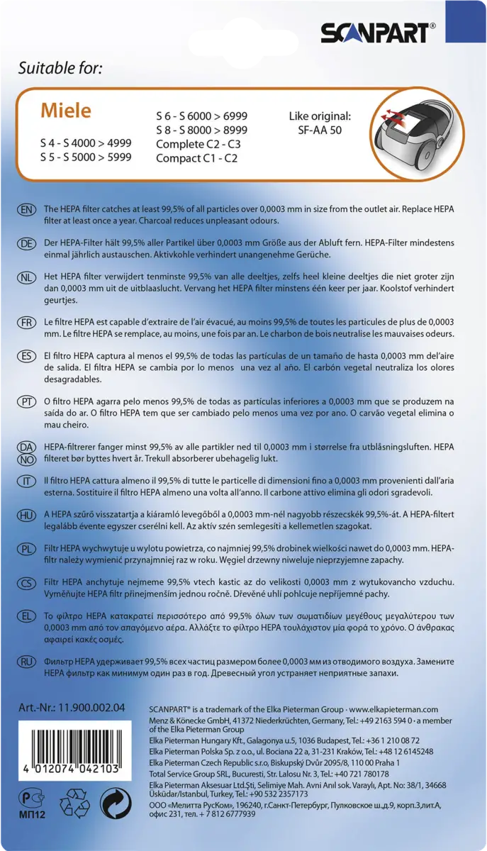 1190000204 HEPA H12 & koolstoffilter (niet wasbaar)