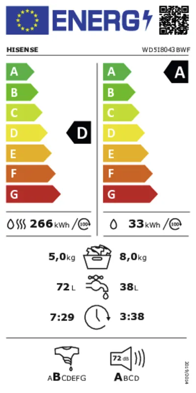 Hisense WD5I8043BWF energielabel