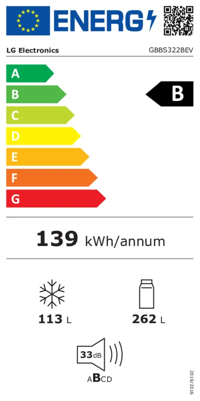 LG GBBS322BEV energielabel