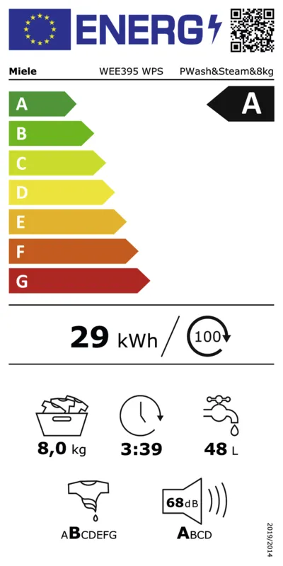 Miele WEE 395 WPS Excellence PowerWash & SteamCare EcoHero energielabel