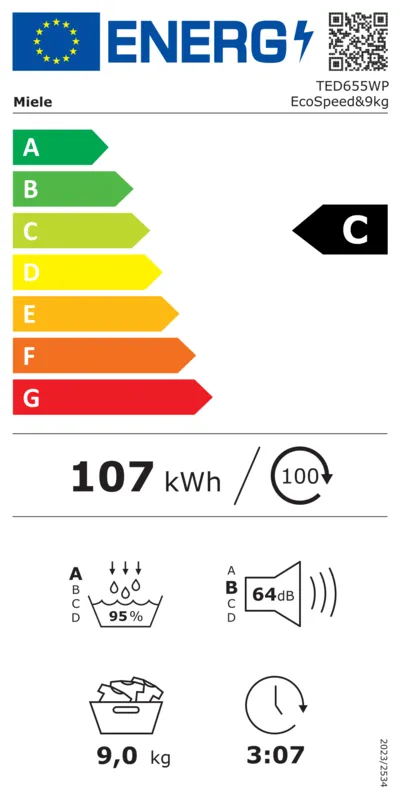 Miele TED655 WP Excellence EcoSpeed & Wash2Dry energielabel