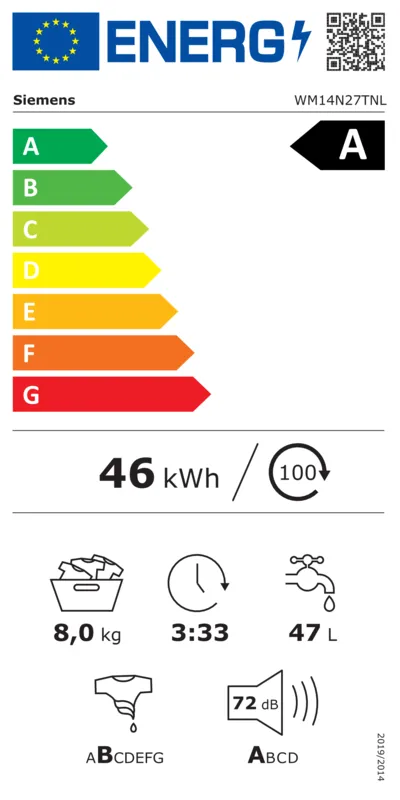 Siemens WM14N27TNL energielabel