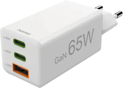 Hama 201996 Mini-Lader, GaN, 2 USB-C+1 A, 65W