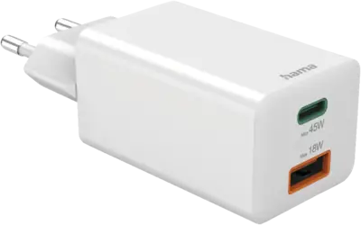 Snellader, 1x USB-C PD, 1x USB-A QC, mini-oplader, 45 W